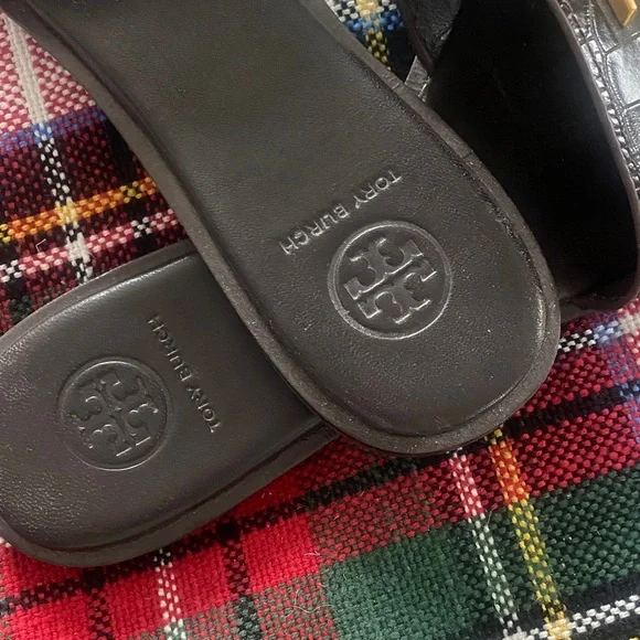 Tory Burch Brown Croc-Embossed Leather Slide Sandals with Gold Logo - Picture 3 of 3